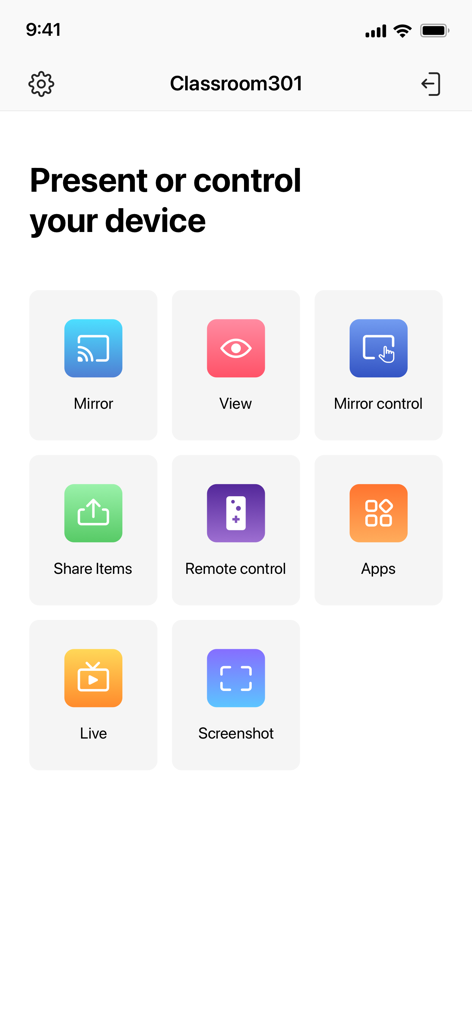 Newline Cast + - Main menu of the Newline Cast plus app featuring icons for mirroring, remote control, and sharing content on a large screen.