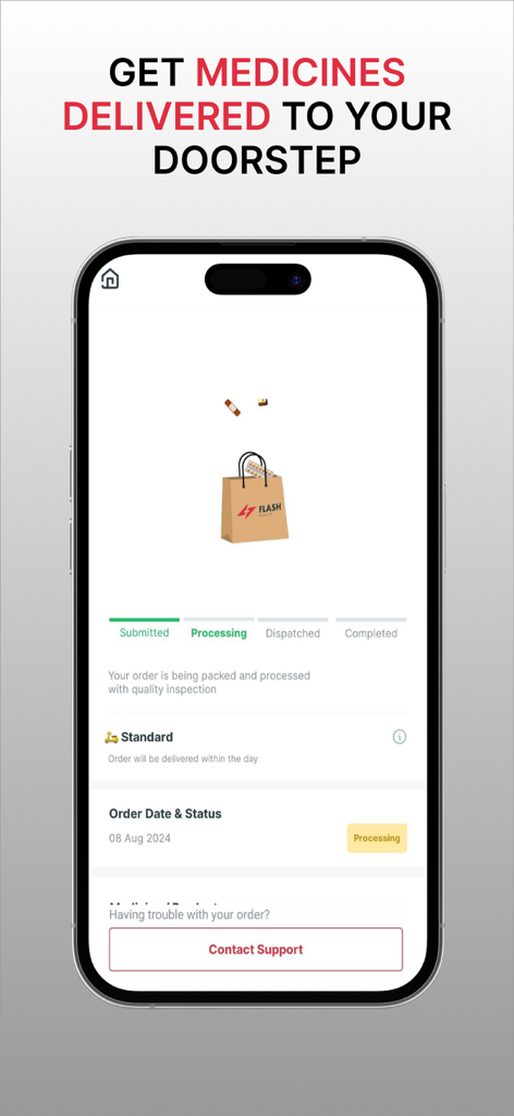 Flash Health - Flash Health app interface showing real-time medicine delivery order tracking