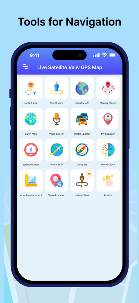 Live Street View - Maps - Pantalla de smartphone que muestra una cuadrícula de iconos de herramientas de navegación como mapa terrestre de vista de calle y velocímetro