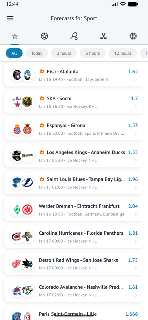 Betzona - Sports betting tips - A list of upcoming sports matches and betting odds on the Betzona app interface.