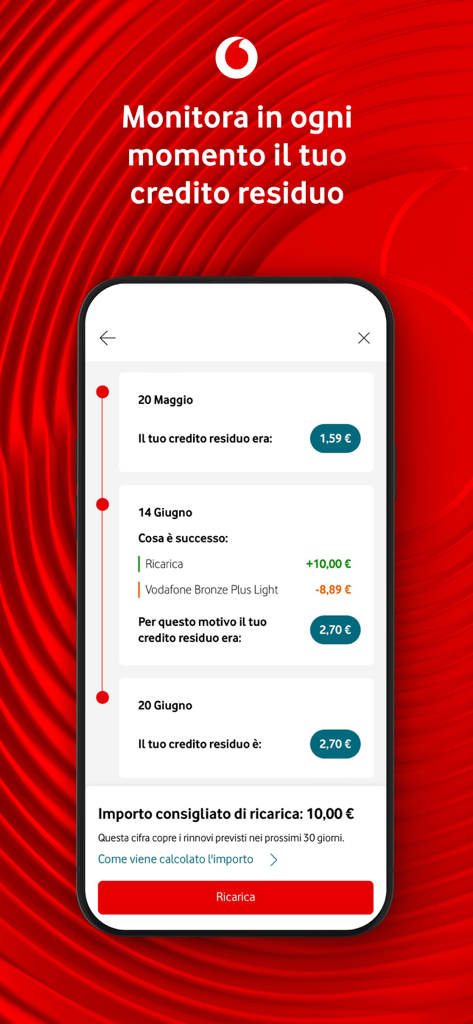 Interface do aplicativo Minha Vodafone Itália mostrando um histórico detalhado do saldo de crédito e opções de recarga
