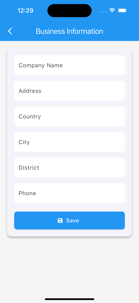 DoorWin PVC uPVC Aluminium - Formulario de información comercial en la aplicación DoorWin para configurar los detalles de contacto de la empresa.