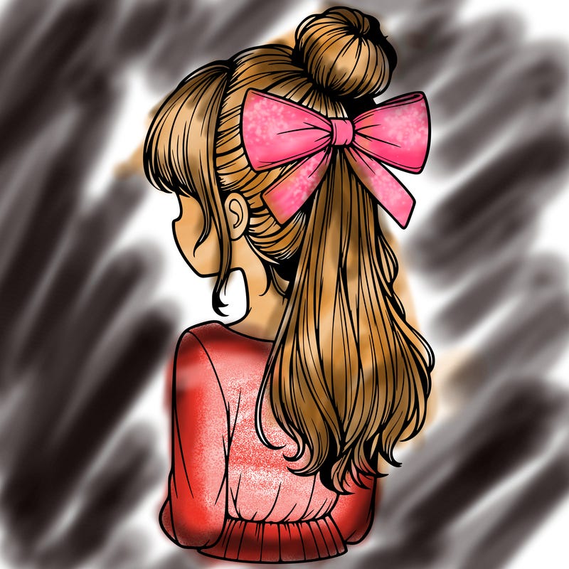 realistic girl  with hip length hair a bun and a big bow on the back of head