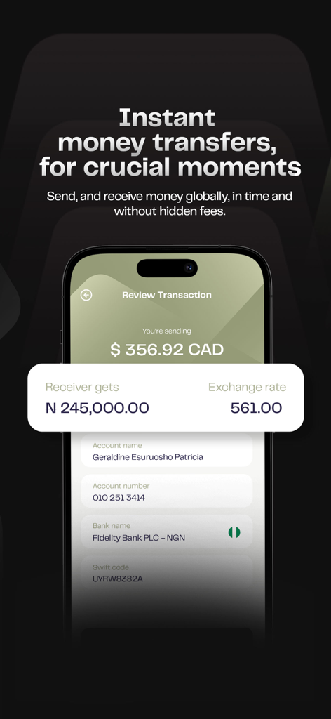 Pesa (Formerly Pesapeer) - Interface do aplicativo Pesa mostrando uma revisão de uma transferência de dinheiro instantânea de Dólares Canadenses para Naira Nigeriana