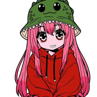 girl with anime shaped eyes with a dinosaur bucket hat oversized sweatshirt long straight hair