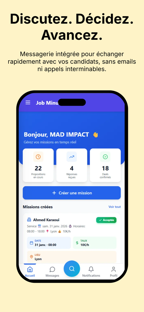 Rekrutierungs-Dashboard in der JobMinute FR App mit Missionsstatistiken und aktiven Stellenausschreibungen.