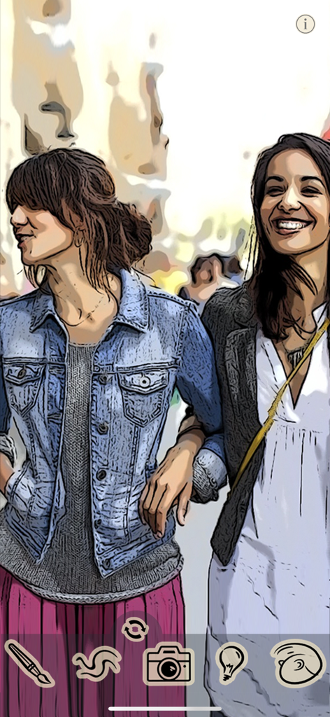 ToonCamera - Two women walking with a cartoon effect applied in the ToonCamera app interface