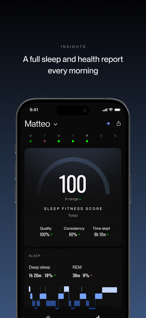 Eight Sleep - Mobile interface of Eight Sleep app displaying a daily sleep fitness score and detailed health metrics
