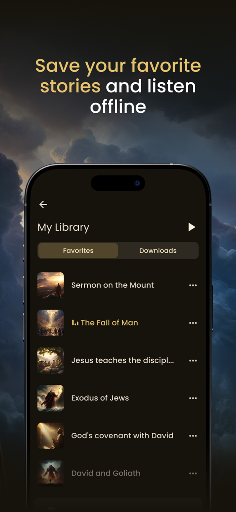 BeBlessedMe - BeBlessedMe 앱 라이브러리 인터페이스, 오프라인 청취를 위한 즐겨찾는 성경 이야기 목록 표시