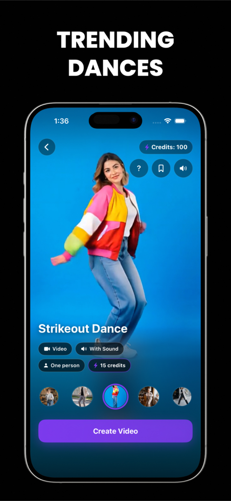 Tooner AI: Photo Editor - User interface of Tooner AI app featuring trending dance animations and AI video effects.