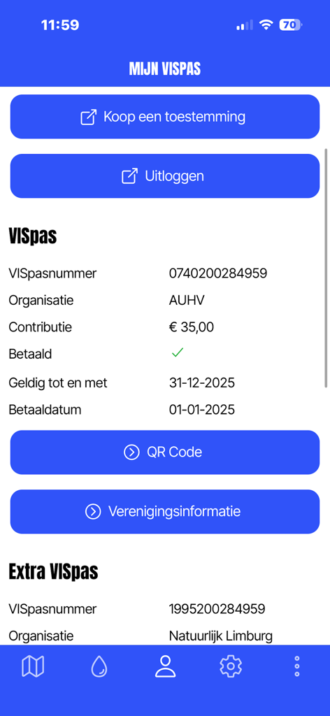Ein Smartphone-Bildschirm mit einer digitalen Angelerlaubnis mit Lizenznummer und Gültigkeitsdaten in der VISplanner App.