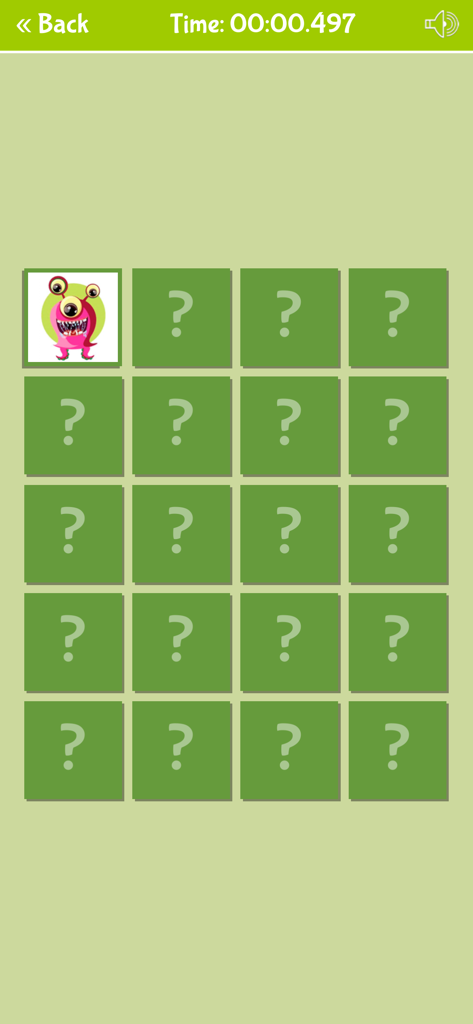 Cute Monsters Matching Game - Gameplay screen of Cute Monsters Matching Game showing a four by five card grid with a flipped pink monster card