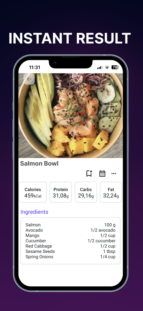 Hero - Coach AI - Hero Coach AI app interface showing instant calorie and macro breakdown for a salmon bowl
