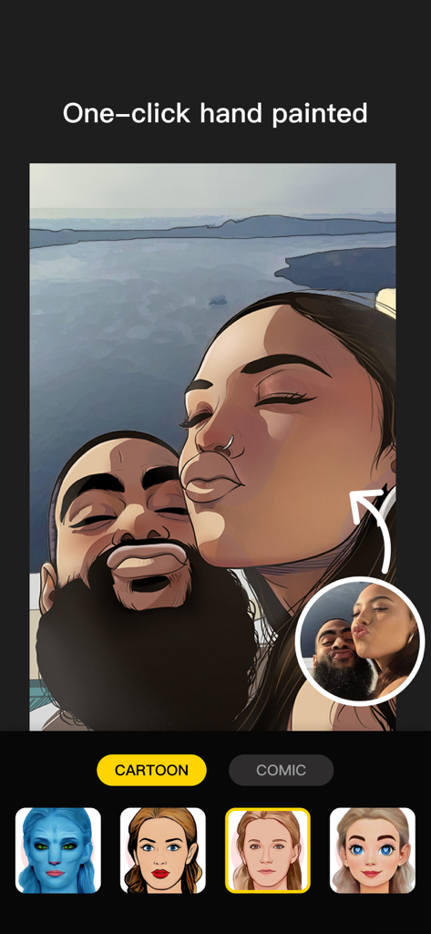 Aha Photo Lab - Uma selfie de casal transformada em um estilo de desenho animado pintado à mão usando o aplicativo Aha Photo Lab.