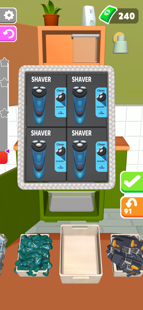 A puzzle level in Fill The Fridge showing electric shaver boxes being neatly packed into a shelf