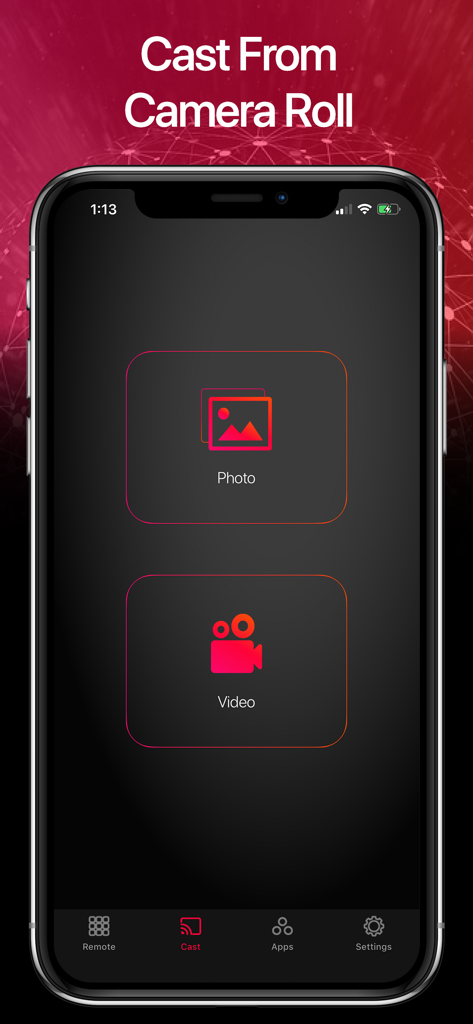 Smart Remote - Fire TV Stick - 写真や動画をFire TV Stickにキャストするオプションが表示された「カメラロールからキャスト」画面を示すスマートフォン。