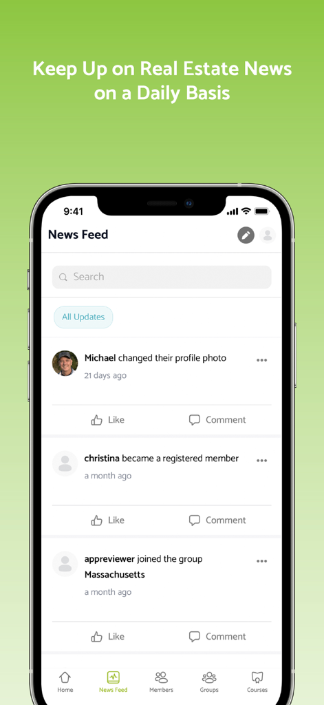 Real Estate Investor Connect app news feed showing daily community updates and member activities on an iPhone