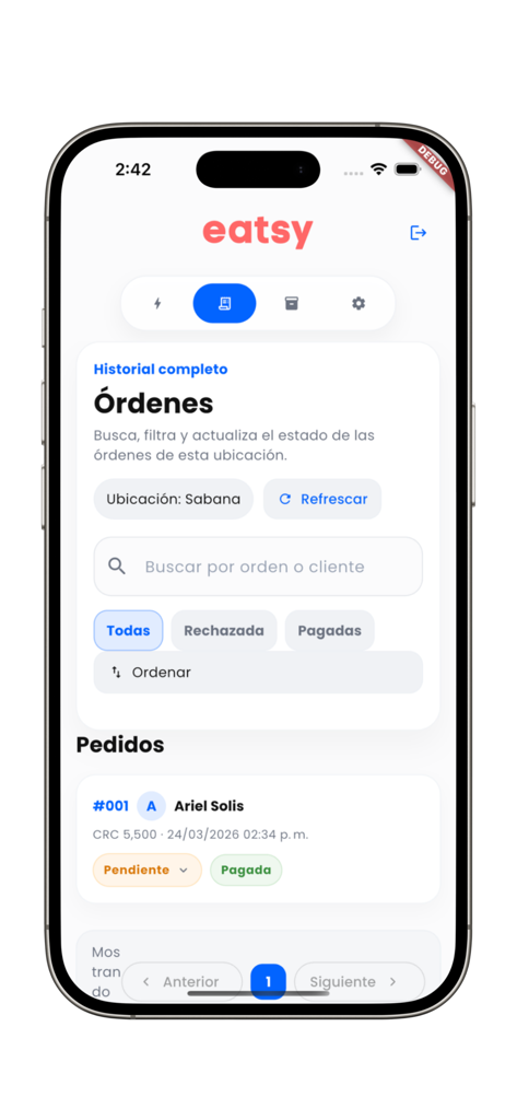 Eatsy Orders App-Oberfläche, die den Bestellverlauf und die Statusverfolgung auf Spanisch für Geschäftsinhaber zeigt