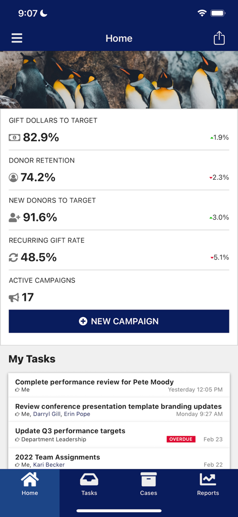 Home screen of the Appian mobile app displaying business KPIs and a list of tasks