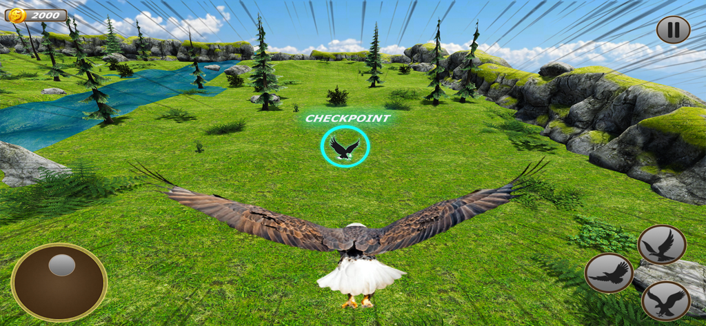 Eagle Simulator - Eagle Games - Bald eagle flying towards a checkpoint in a green forest landscape within the game