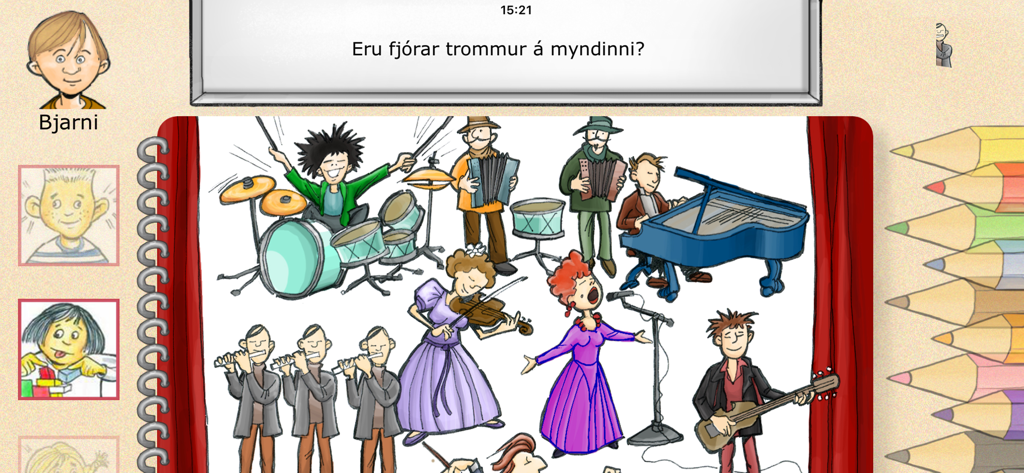 Ordagull app screenshot showing a musical band illustration with a counting question in Icelandic.