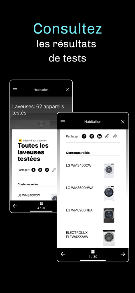 Protégez-Vous - Protégez-Vous mobile app interface showing a list of laboratory-tested washing machine models with photos and brand names.