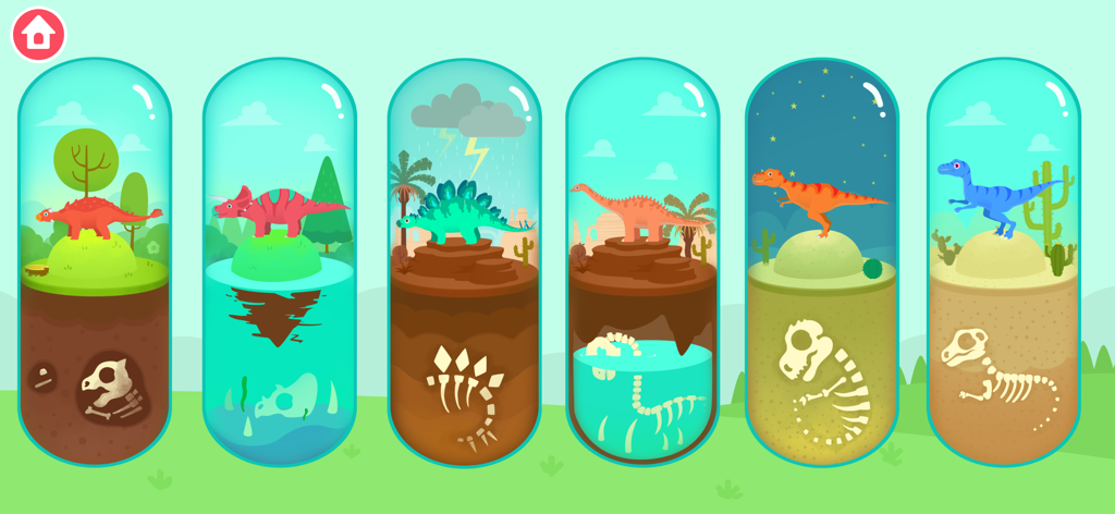 Six dinosaures colorés se tenant au-dessus de leurs squelettes fossilisés enterrés dans des capsules.