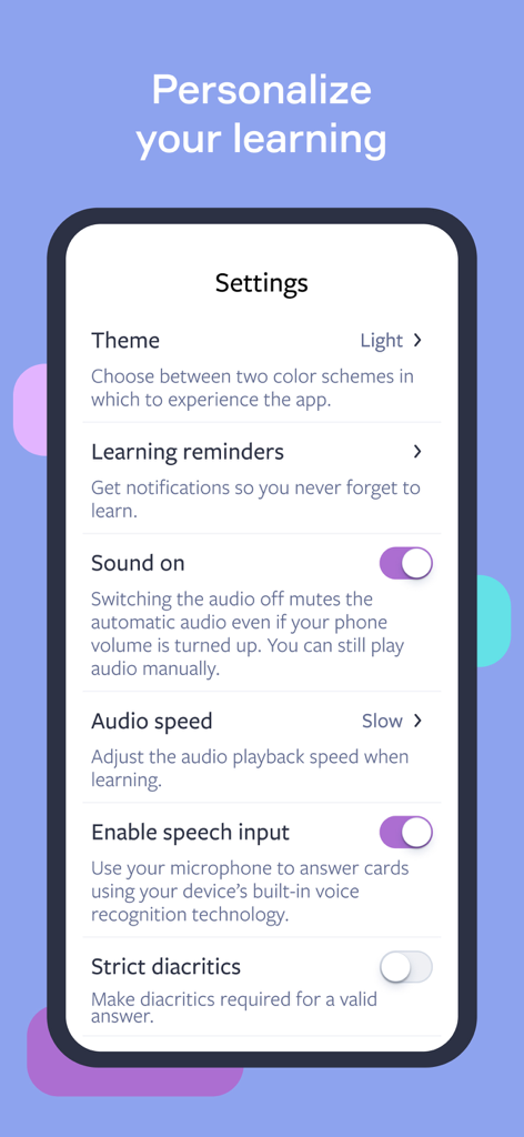 Lingvist: Learn Languages Fast - Lingvist-App-Einstellungsbildschirm zur Personalisierung des Sprachlernens mit Optionen wie Audio-Geschwindigkeit und Spracheingabe.