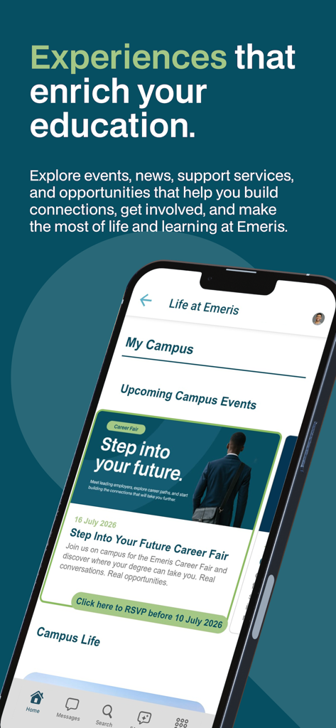 MyEmeris app screen showing the Life at Emeris section featuring an upcoming campus career fair event with an RSVP button