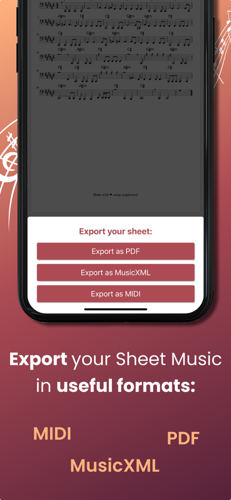 Sing2Notes - Sing2Notes app interface showing export options for MIDI PDF and MusicXML formats