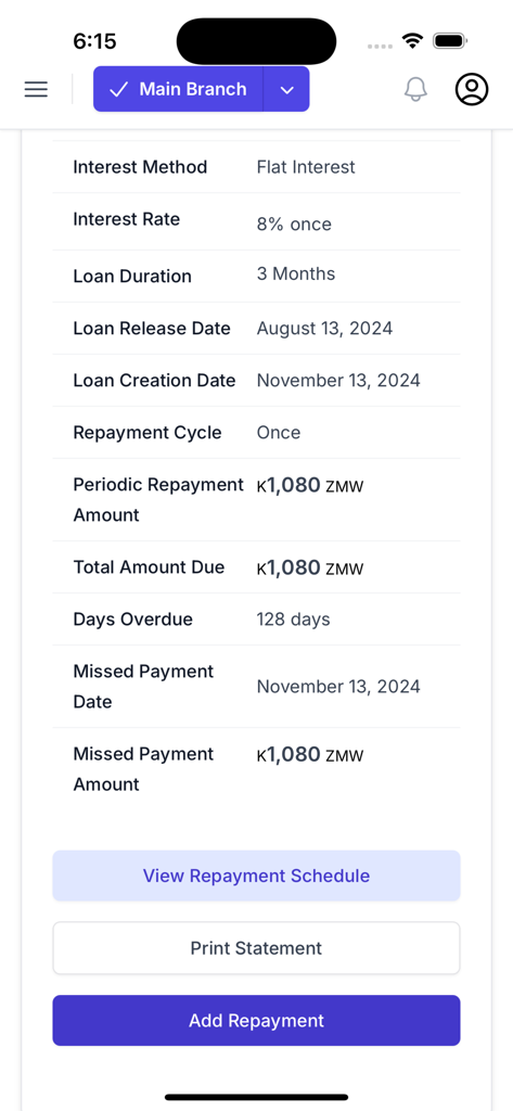 Lendbox | AI Loan Management - Lendbox-App-Bildschirm mit detaillierten Kreditinformationen, einschließlich Rückzahlungsbeträgen, Zinssätzen und überfälligen Tagen.