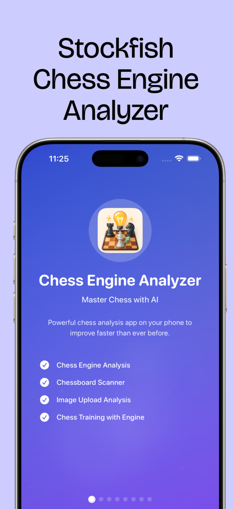Stockfish Chess Analysis - Stockfish Chess Engine Analyzer app main screen showing AI features and chessboard scanning capabilities.