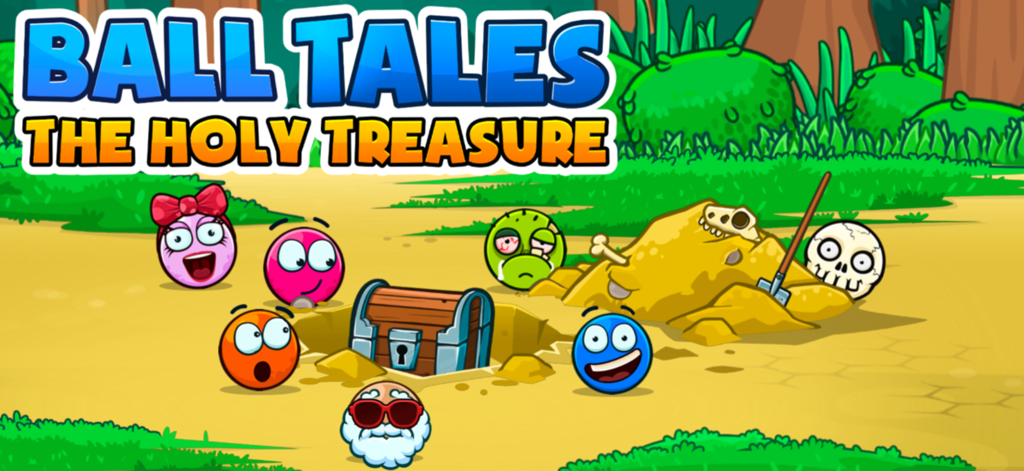 Ball tales - The Holy Treasure - Title screen for Ball Tales The Holy Treasure featuring several colorful ball characters and a treasure chest in a jungle setting.