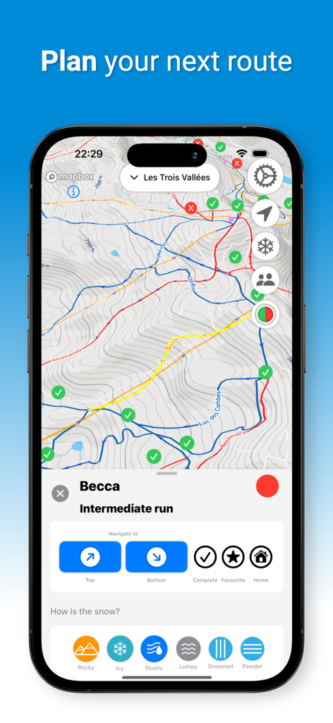 LastLift - Ski & Snowboard - LastLift app interface displaying a topographic ski resort map with route planning and snow condition reporting.