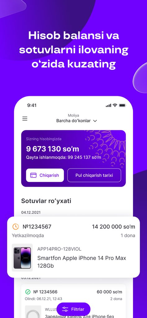 Uzum Sellers app interface showing account balance and recent sales transactions on a mobile device.