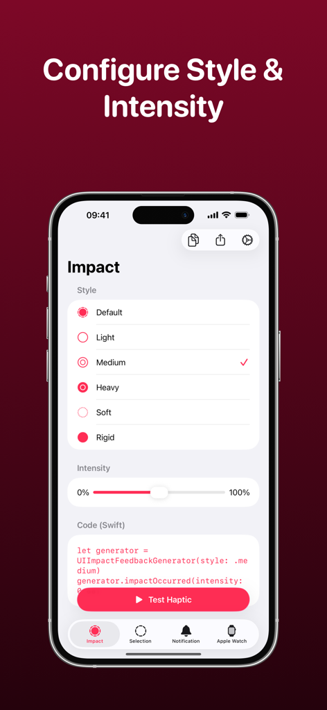 Screenshot of the Haptics app showing options to configure impact style and intensity with a Swift code preview