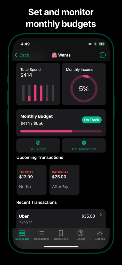 Surplus expense tracker app dashboard showing monthly budget progress and upcoming transactions.