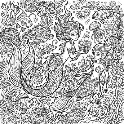 Journey to the mysterious ocean depths with this captivating coloring page featuring two beautiful deep-sea mermaids. Explore an abundance of intricate marine flora and fauna, from glowing plants to unique abyssal fish, all waiting for your creative touch.