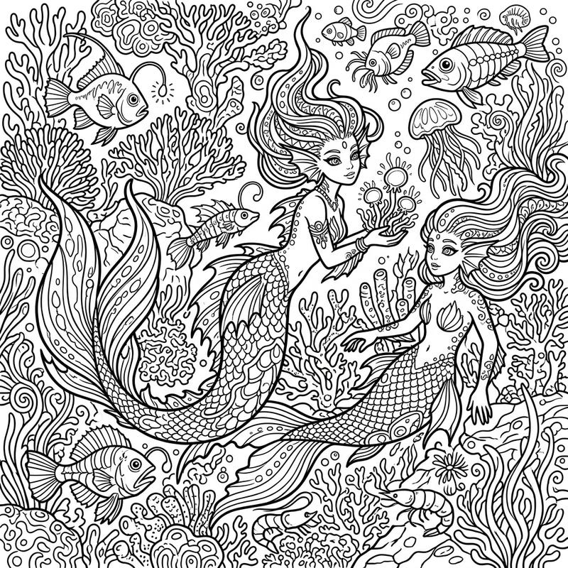 Journey to the mysterious ocean depths with this captivating coloring page featuring two beautiful deep-sea mermaids. Explore an abundance of intricate marine flora and fauna, from glowing plants to unique abyssal fish, all waiting for your creative touch.
