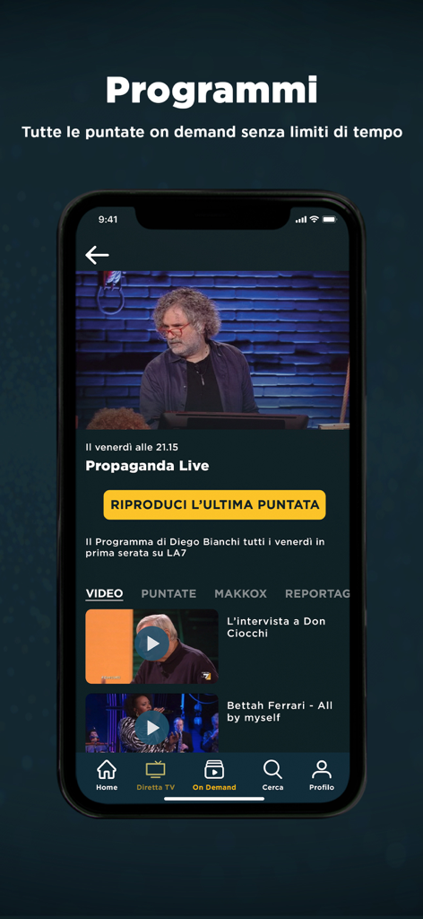 La7 - Screenshot dell'app La7 che mostra la sezione on demand del programma TV Propaganda Live.