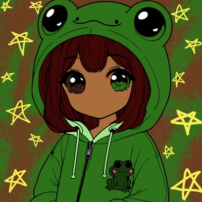 cute realistic girl in a froggy hoodie
