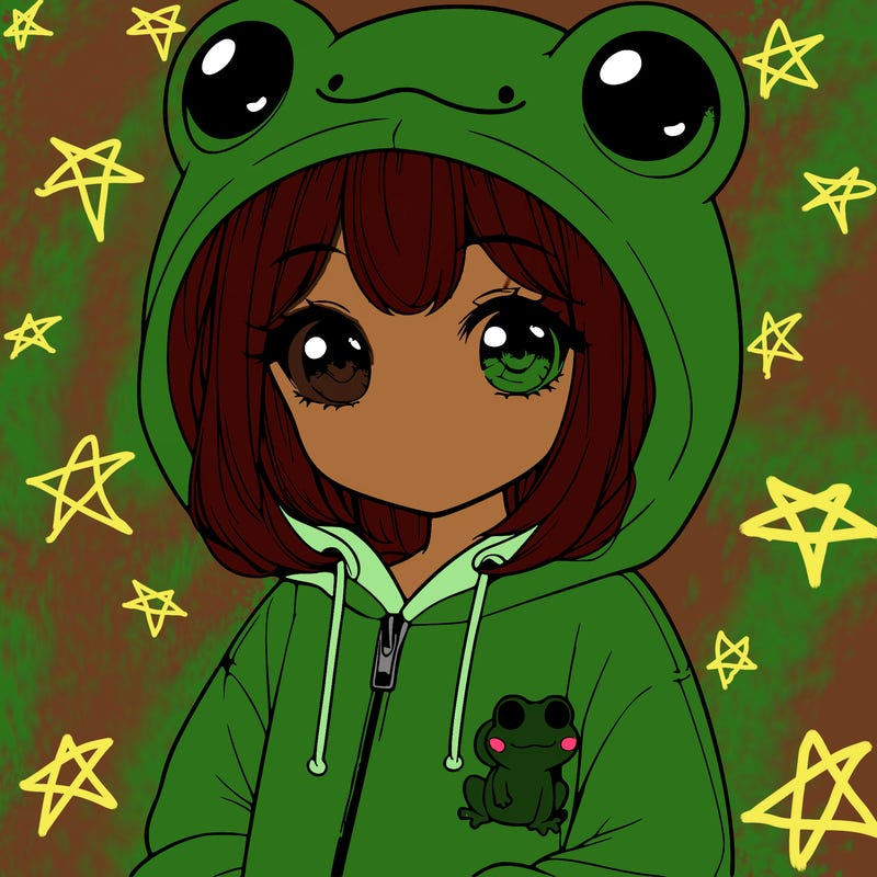 cute realistic girl in a froggy hoodie