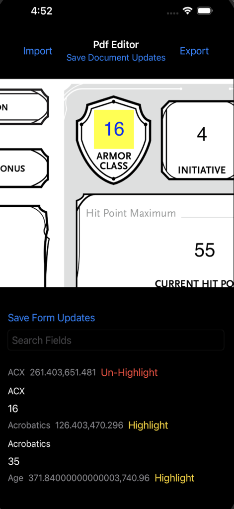 Interface do aplicativo móvel do Editor de Campos de Formulário PDF mostrando um documento PDF com campos destacados e opções de edição de metadados