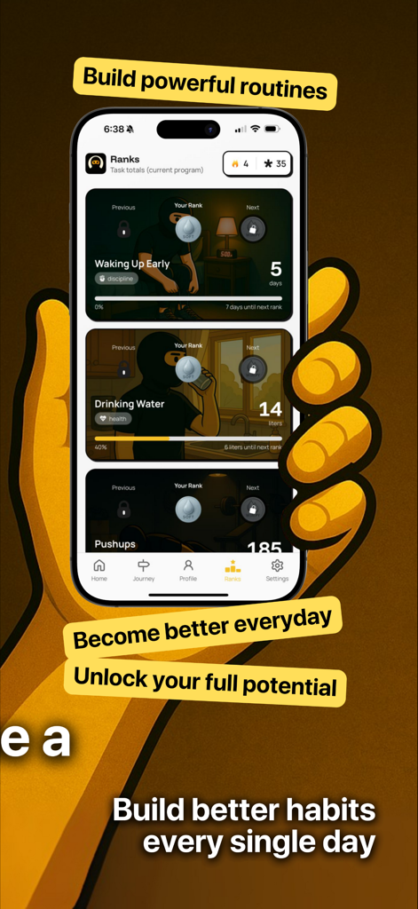 YLAG: Daily Habits Tracker - YLAG app interface showing a rank system for daily habits like waking up early and drinking water