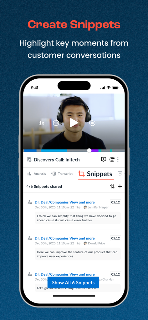 Avoma mobile app interface showing the snippets feature to highlight key moments in meetings