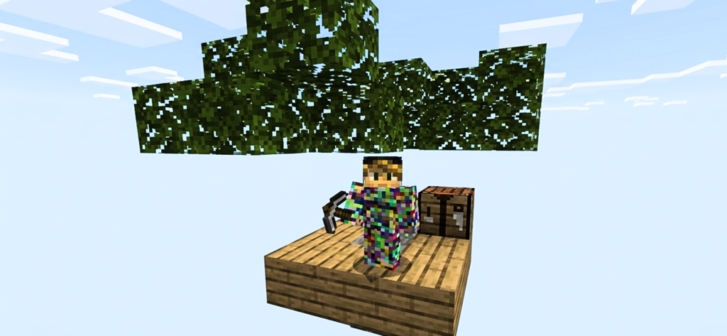 One Block : Maps for Minecraft - A Minecraft character standing on a small wooden platform in a one block survival map