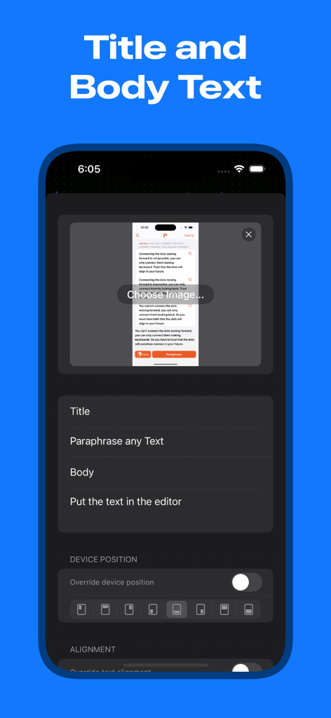 Screenshot Studio - App Mockup - Interface do Screenshot Studio mostrando a seção de edição de texto de título e corpo para mockups de aplicativos.