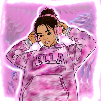 a girl getting ready for the day wearing headphones and wearing a hoodie with the name ella on top