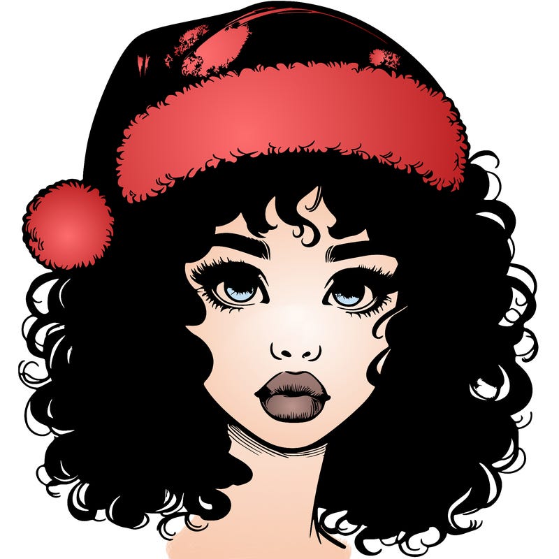 realistic girl with a santa hat curly hair and lips