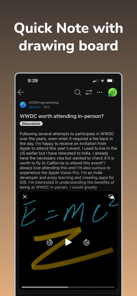 Pip Up: Persist/Float Post-It - A floating hand-drawn note with E=mc2 formula overlaid on a Reddit post using the Pip Up drawing board feature.